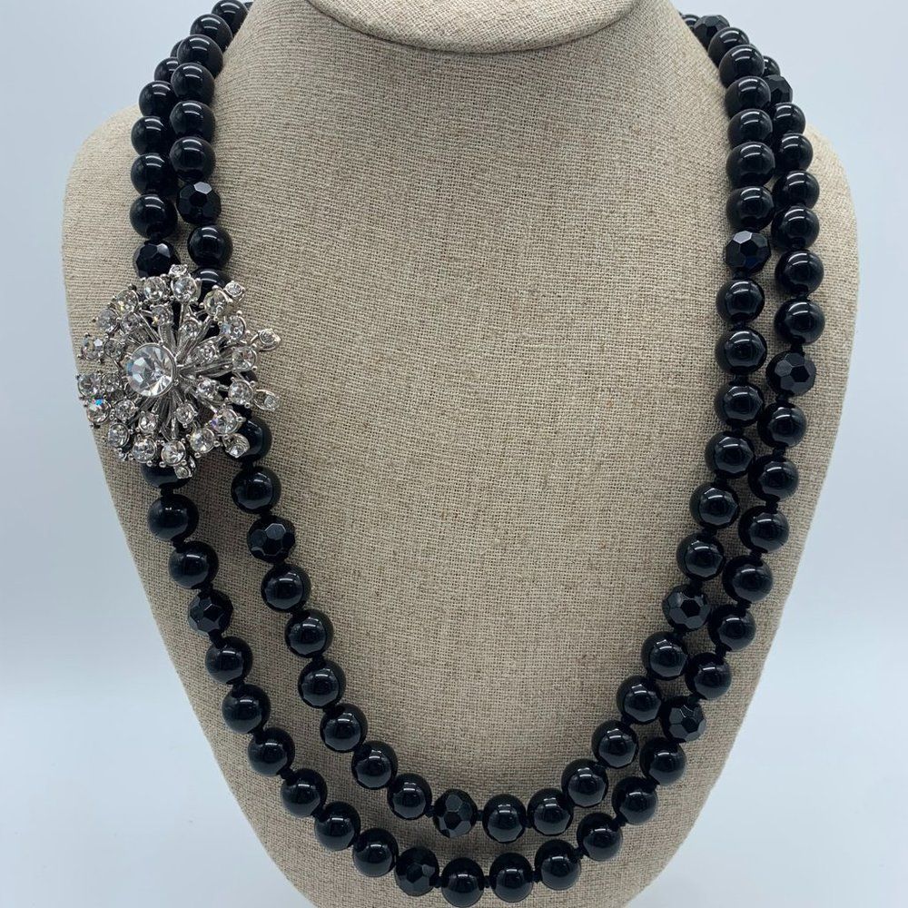 Stella & Dot Set - La Coco Jet Black Faceted Rope Necklace & Vintage Brooch